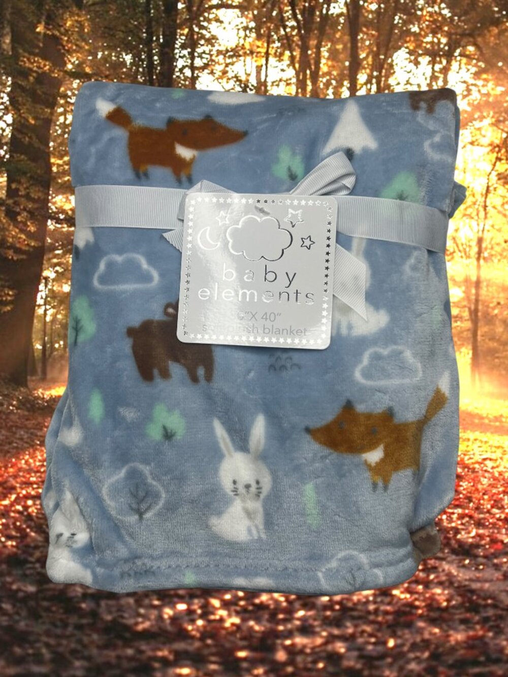NWT Fox Bear Rabbit Animal Print Plush Baby Blanket Trees Clouds Blue Toddler